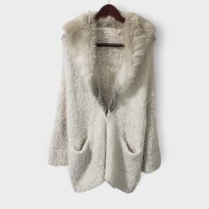 Anthropologie Cream Faux-Fur Trim Open Cardigan